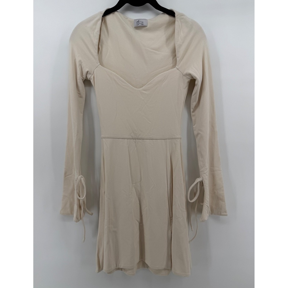 Oh Polly Ivory Long Sleeve Mini Dress Sweetheart Neck Tie Cuff US 2